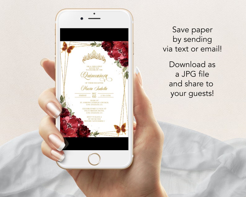 May include: A digital invitation for a Quincea&ntilde;era celebration. The invitation features a gold frame with a red and gold floral design. The text on the invitation reads "Quincea&ntilde;era" and "Maria Isabella".