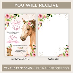 EDITABLE Horse Birthday Invitation, Saddle Up Cowgirl Invite Template, Country Western Party, Floral Girl Printable, Instant Download, KP049 image 3