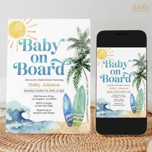 Baby an Bord Babypartyeinladung, bearbeitbares Surfbrett Strand-Babyparty einladen, Surf's Up, Surfing Summer Boy Shower Vorlage, BS240