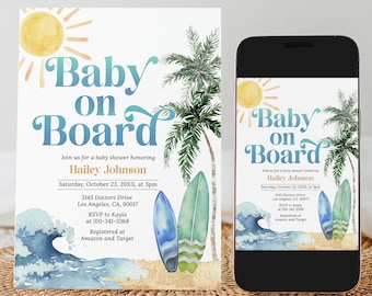 Baby on Board Baby Shower Invitation, Editable Surf Board Beach Baby Shower Invite, Surf's Up, Surfing Summer Boy Shower Template, BS240
