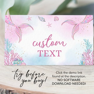 May include: A pink and blue printable mermaid-themed sign with the text "custom TEXT" and the words "Try before you buy!"  Click the demo link found at the description. NO SOFTWARE DOWNLOAD NEEDED!"