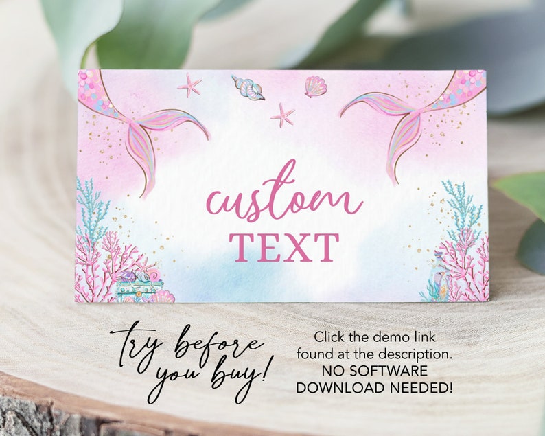 May include: A pink and blue printable mermaid-themed sign with the text "custom TEXT" and the words "Try before you buy!"  Click the demo link found at the description. NO SOFTWARE DOWNLOAD NEEDED!"