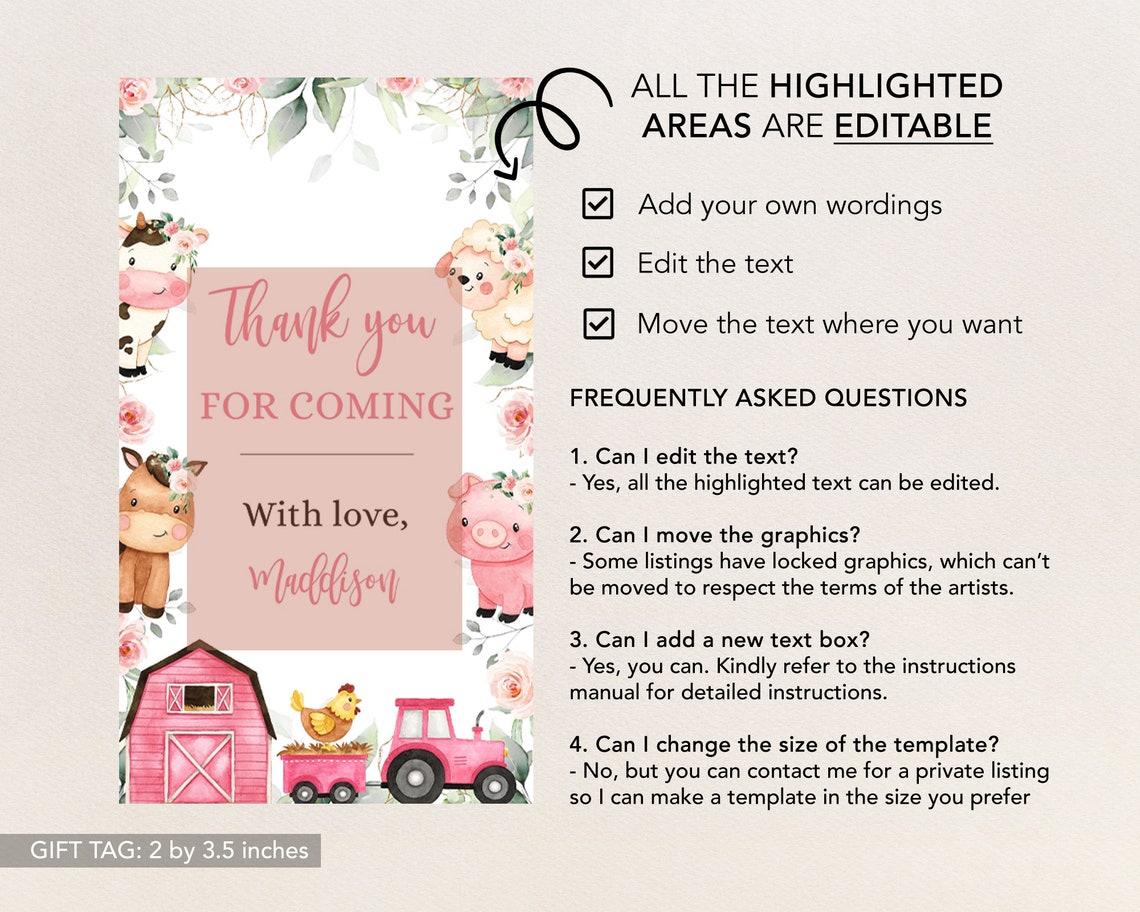 EDITABLE Farm Thank You for Coming Gift Tag Barnyard Party - Etsy
