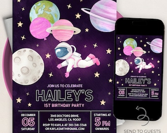 Space First Birthday Invitation, Editable Galaxy Party Invitation Template, Girl Space Birthday Astronaut Outer Space Instant Download KP034