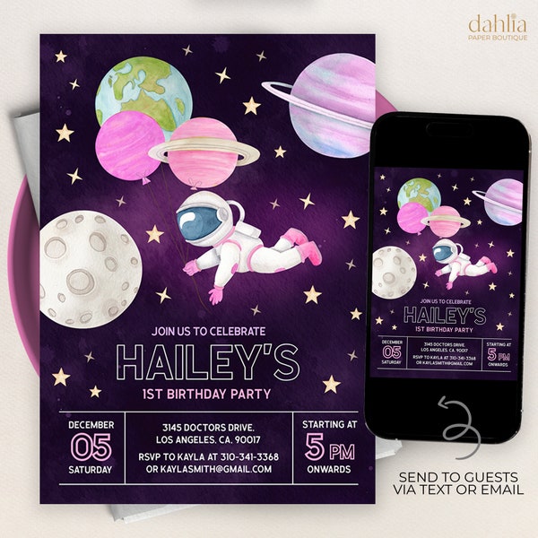Space First Birthday Invitation, Editable Galaxy Party Invitation Template, Girl Space Birthday Astronaut Outer Space Instant Download KP034