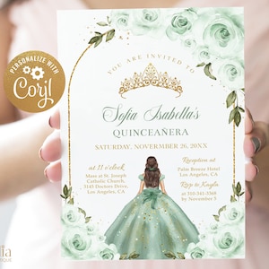 Sage Green and Gold Arch Quinceañera Invitation, EDITABLE Tiara Rose 15th Birthday Party Template, Mis Quince Anos, Instant Download Q021