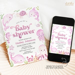 Invito per baby shower sotto il mare, invito modificabile per baby shower sull&#39;oceano rosa, modello nautico per baby shower, ragazza blu sotto il mare, BS246
