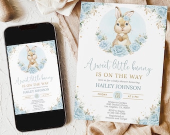 Blue Little Bunny Baby Shower Invitation, EDITABLE Floral Boy Rabbit Party Invite, Spring Garden Easter Template, Instant Download, BS234