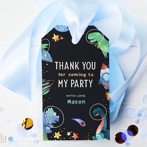 Anniversaire de dinosaure spatial MODIFIABLE Merci d’être à venir Étiquette cadeau, Étiquette de faveur de fête Galaxy, Étiquette d’anniversaire hors de ce monde, Espace extra-atmosphérique, KP109