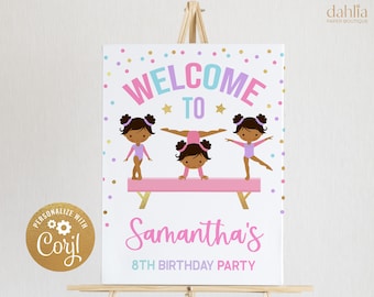 Gymnastics Birthday Welcome Sign, EDITABLE Gymnastics Party Banner Template, Brown Skin Girl Gymnast Birthday Decor, Instant Download KP035