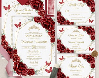 May include: Red and gold Quinceañera invitation suite with a floral design featuring red roses, green leaves, and gold butterflies. The text on the invitation reads "Save the Date for the Quinceañera of Lucianna Esmeralda".