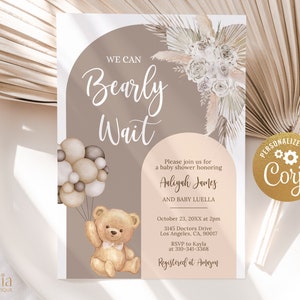 Convite para chá de bebê We Can Bearly Wait, convite para festa em arco de ursinho de pelúcia EDITÁVEL, urso aquarela Boho marrom neutro, balão de ar quente, BS192