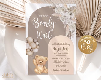 Könnte beinhalten: Eine Babyparty-Einladung mit beigefarbenem Hintergrund und einem braunen Teddybär, der Ballons hält. Der Text "We Can Bearly Wait" ist in einer kursiven Schrift geschrieben. Die Einladung enthält den Namen "Aaliyah James" und das Datum "October 23, 20XX at 2pm".