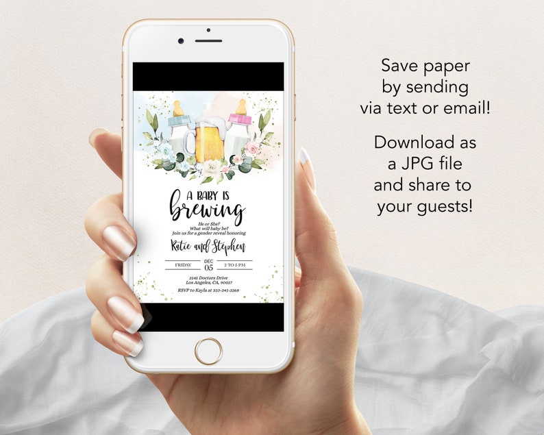 May include: A digital invitation for a gender reveal party with a watercolor illustration of baby bottles and a beer mug. The text reads "A Baby is Brewing" and includes the names "Katie and Stephen", the date "Dec 05", and the time "2 to 6 PM".