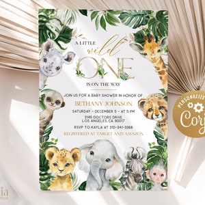 May include: A white baby shower invitation with a jungle theme. The invitation features a variety of jungle animals, including a giraffe, a lion, a cheetah, a monkey, and an elephant. The text on the invitation reads "A Little Wild One is on the Way." The invitation also includes the date, time, and location of the baby shower, as well as the name of the guest of honour, Bethany Johnson. The invitation is decorated with green leaves and flowers.