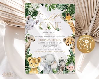 May include: A white baby shower invitation with a jungle theme. The invitation features a variety of jungle animals, including a giraffe, a lion, a cheetah, a monkey, and an elephant. The text on the invitation reads "A Little Wild One is on the Way." The invitation also includes the date, time, and location of the baby shower, as well as the name of the guest of honor, Bethany Johnson. The invitation is decorated with green leaves and flowers.