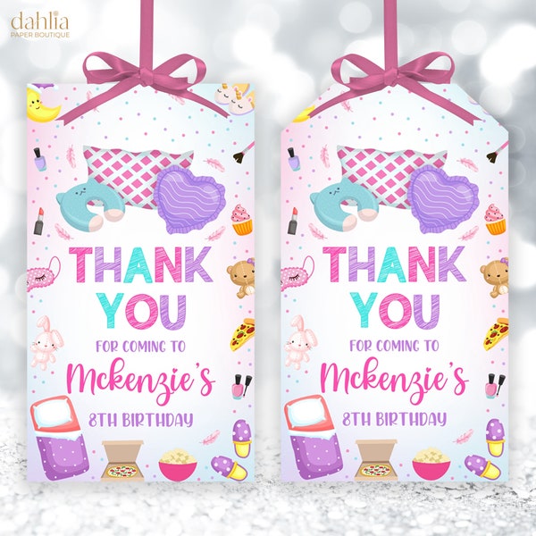 Spa Sleepover Thank You Gift Tag, EDITABLE Slumber Party Favor Tag, Manicure & Pedicures Birthday Round Tag, Tween Glam Pajama Party, KP220