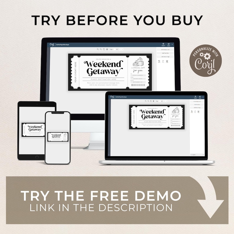 May include: A digital mockup of a printable weekend getaway gift certificate template. The template features a black and white design with the text "Weekend Getaway" and a luggage icon. The template is shown on a computer screen, a tablet, and a smartphone.