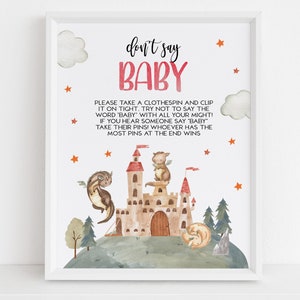 Dragon Baby Shower No digas signo de bebé, decoración de fiesta de criatura mítica editable, Caballero del Castillo, Banner de aspersión de bebé, Descarga instantánea BS127