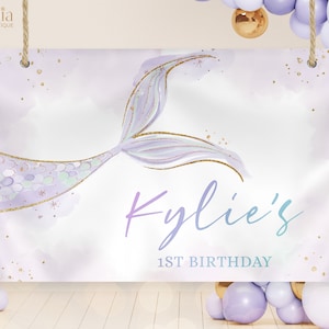 Mermaid Birthday Backdrop, EDITABLE Under The Sea Party Banner Template, Magical Boho Mermaid Party Decor, Girl Birthday Party Purple, KP184