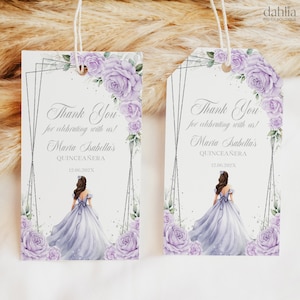 Flieder-, Lila- und Silber Quinceaña Danke Geschenkanhänger, bearbeitbares Partygeschenk zum 15. Geburtstag, Mis Quince Anos, Blumen-Tiara-Werbegeschenk, Q043