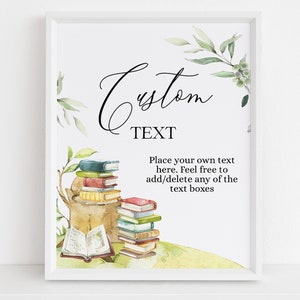 Puede incluir: Un cartel imprimible con una ilustración de acuarela de un tocón de árbol con libros apilados sobre él. El texto en el cartel dice "Texto personalizado" y "Coloque su propio texto aquí. Siéntase libre de agregar o eliminar cualquiera de los cuadros de texto".
