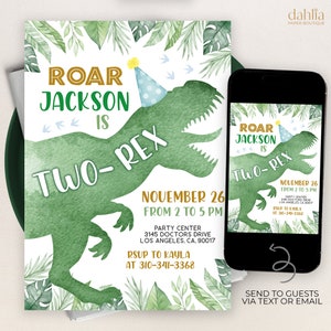 Dinosaurier-Geburtstagseinladung, EDITIERBARE Zwei-Rex-Dinosaurier-Party-Vorlage, Junge 2.Geburtstag, Green Jurassic Invite, Instant Download KP250