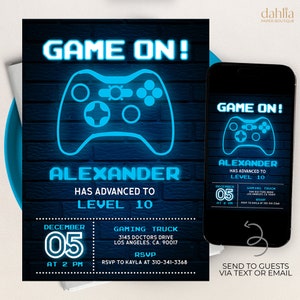 EDITABLE Video Game Party Invitation, Gamer Birthday Invite, Blue Glow Neon Invite Template, Gaming, Game Party, Instant Download, KP070
