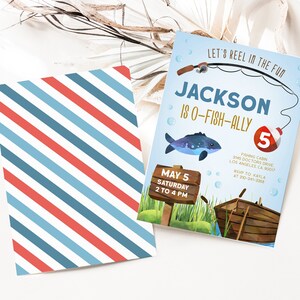 May include: A blue and white striped background with a birthday invitation for Jackson's 5th birthday. The invitation features a cartoon fish, a fishing rod, and a wooden sign that says "Let's Reel in the Fun". The invitation also includes the date, time, and location of the party.