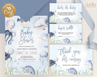 May include: A blue and white baby shower invitation with a watercolor illustration of sea creatures, including an octopus, whale, turtle, dolphin, jellyfish, and narwhal. The invitation includes the text "Join us for a Baby Shower" and the name "ASTORIA SMITH".