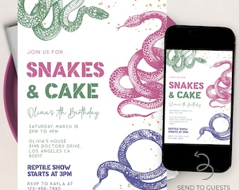 May include: A birthday party invitation with a snake theme. The invitation features green, pink, and blue snake illustrations. The text reads "Snakes & Cake" and includes party details. A smartphone displays the invitation.