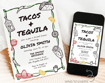 May include: White invitation card and smartphone screen with the text "TACOS + TEQUILA" and event details. The design includes illustrations of tacos, tequila bottles, and other festive elements, perfect for a bridal shower.
