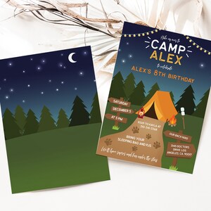 May include: A camping-themed birthday invitation with a blue night sky, stars, and a campfire. The invitation says "Hike on over to Camp Alex to celebrate Alex's 8th Birthday". It includes details for the party, including the date, time, RSVP information, and address.