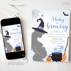Baby is Brewing Baby Shower Invitation, Editable Halloween Gender Reveal Invitation Template, He Or She, Blue Witch Baby Sprinkle, BS269