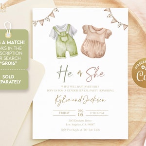 May include: A gender reveal party invitation with a watercolor illustration of a baby outfit in green and a baby outfit in pink. The text reads "He or She" and "What will baby Smith be?"  Join us for a gender reveal party honoring Kylie and Jackson. Friday, December 05, 2 to 5 pm. 3143 Doctors Drive, Los Angeles, CA, 90017. RSVP to Kayla at 310-341-3368.
