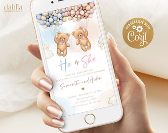 Teddy Bears Gender Reveal Evite Template, EDITABLE Hot Air Balloon Invitation, Printable He Or She, Boy Or Girl, Boho Watercolor Bear, GR025