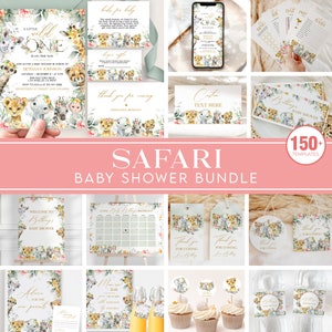 Safari Animals Baby Shower Bundle, Safari Baby Shower Invitation Set, Jungle Animals Baby Shower, Tropical, Blush Pink Floral, BS109, Corjl
