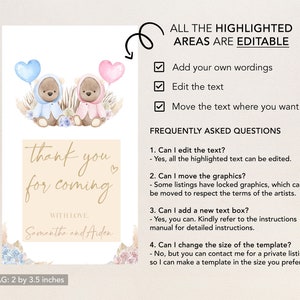 Bear Gender Reveal Thank You For Coming Gift Tag, Watercolor Gender Reveal Party Favor, He Or She, Pampas Grass, Baby Boy Or Girl Game GR002 image 2