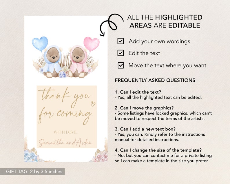 Bear Gender Reveal Thank You For Coming Gift Tag, Watercolor Gender Reveal Party Favor, He Or She, Pampas Grass, Baby Boy Or Girl Game GR002 image 2