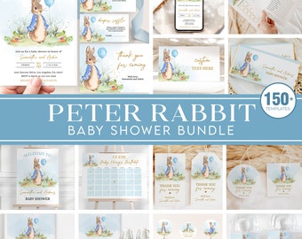 Peter Rabbit Baby Shower Bundle, EDITABLE Rustic Bunny Invitation Set, Flopsy Bunny, Boy Blue Balloon, Spring Garden, Instant Download BS133