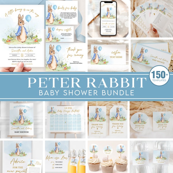 Peter Rabbit Baby Shower Bundle, EDITABLE Rustic Bunny Invitation Set, Flopsy Bunny, Boy Blue Balloon, Spring Garden, Instant Download BS133