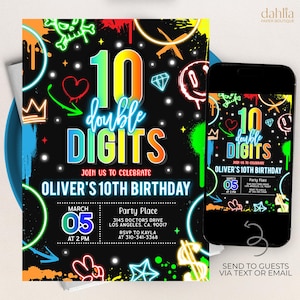May include: Neon green, pink, blue, and yellow graphic design birthday invitation with the text "10 double digits Oliver's 10th Birthday" and a date of March 05 at 2 PM. The invitation also includes a party place address and RSVP information.