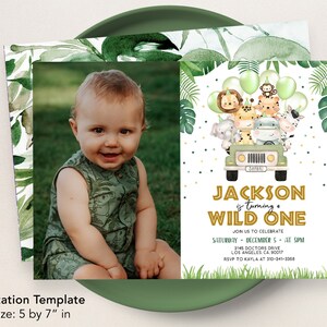May include: A green and gold jungle-themed first birthday party invitation with a photo placeholder. The invitation features a cartoon jeep with animals, balloons, and confetti. The text reads "Jackson is turning a Wild One".