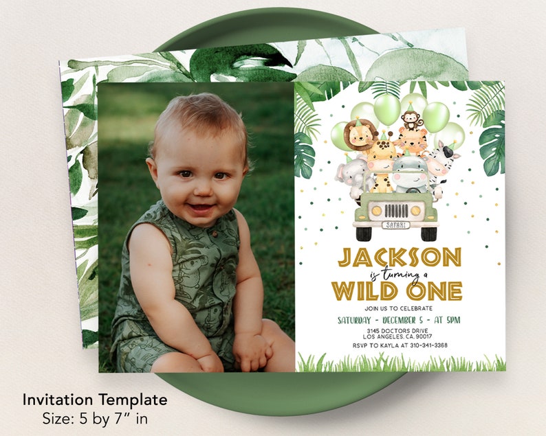 May include: A green and gold jungle-themed first birthday party invitation with a photo placeholder. The invitation features a cartoon jeep with animals, balloons, and confetti. The text reads "Jackson is turning a Wild One".