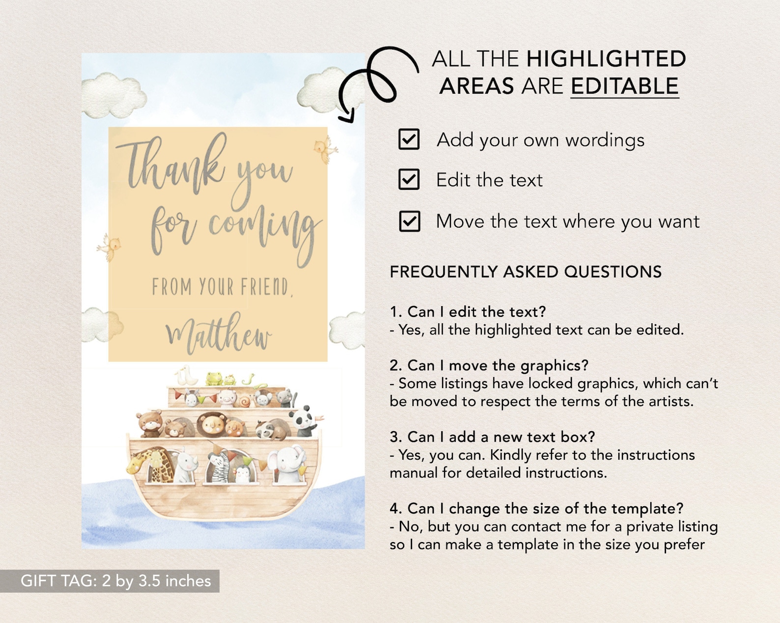 Noah's Ark Thank You Tag Editable Boho Animals Party - Etsy