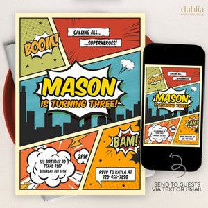 Comic Book verjaardagsuitnodiging, BEWERKBARE superheld partij uitnodigen, jongen verjaardag sjabloon, bellen alle superhelden, Instant Download, KP297