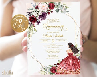 May include: A Quinceañera invitation with a gold geometric frame and floral border. The invitation features a burgundy and white floral design with a gold glitter background. The text reads "MR & MRS LOPEZ INVITE YOU TO CELEBRATE THE QUINCEAÑERA OF THEIR DAUGHTER MARIA ISABELLA FRIDAY DEC 05 2 TO 5 PM MASS AT ST. JOSEPH CATHOLIC CHURCH LOS ANGELES CA CELEBRATORY LUNCH AT PALM BREEZE HOTEL LOS ANGELES, CA RSVP TO KAYLA AT 310-341-3368 BEFORE NOVEMBER 5"