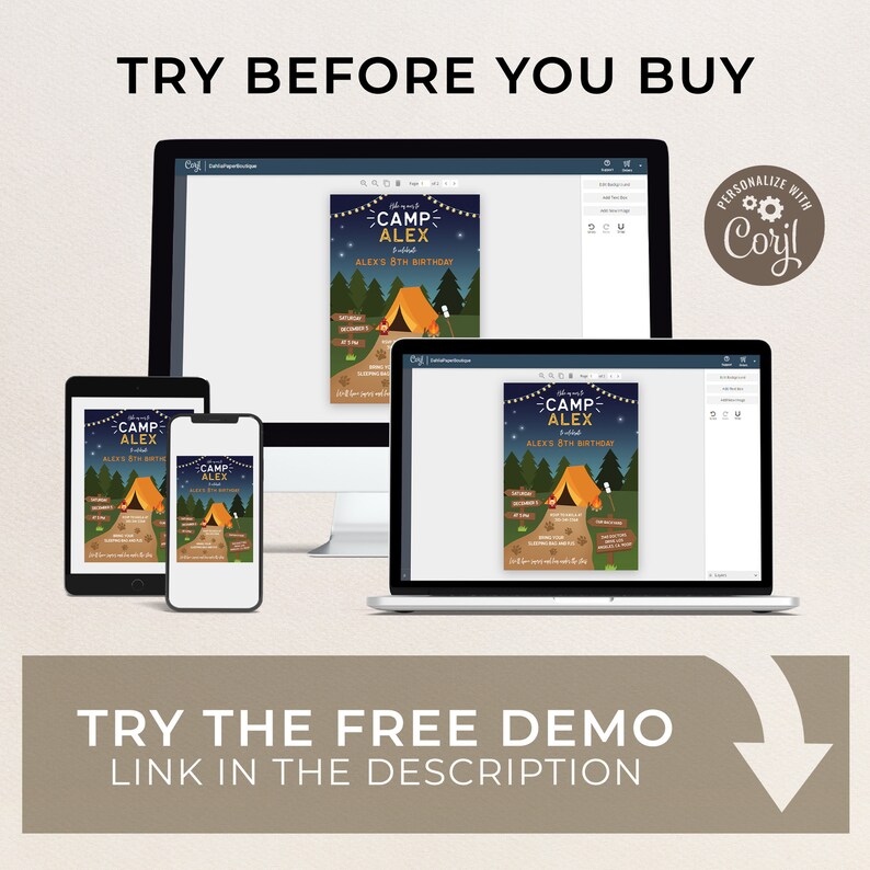 May include: A digital mockup showing a customizable invitation template for a camping themed birthday party. The invitation features a campfire, tent, and the text "Camp Alex" and "Alex's 8th Birthday".