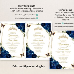 May include: Two printable Quincea&ntilde;era invitations with a blue and gold floral design. The text on the invitation reads "You are invited to celebrate the Quincea&ntilde;era of Maria Isabella".