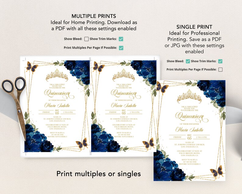 May include: Two printable Quincea&ntilde;era invitations with a blue and gold floral design. The text on the invitation reads "You are invited to celebrate the Quincea&ntilde;era of Maria Isabella".
